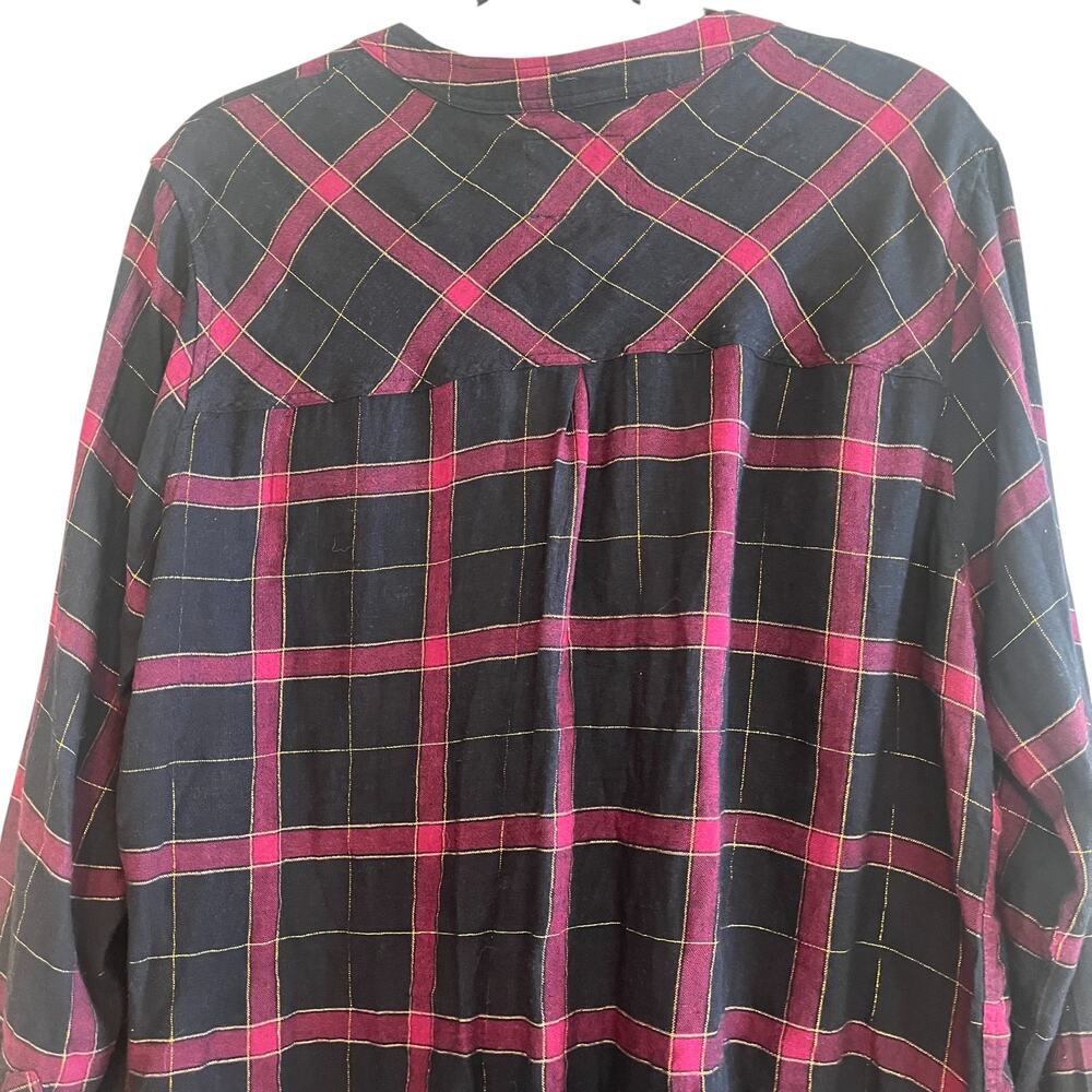 Rails Redding Linen Raw Hem Plaid Long Sleeve Popover Shirt Black Wine Gold Sz L - Picture 5 of 8